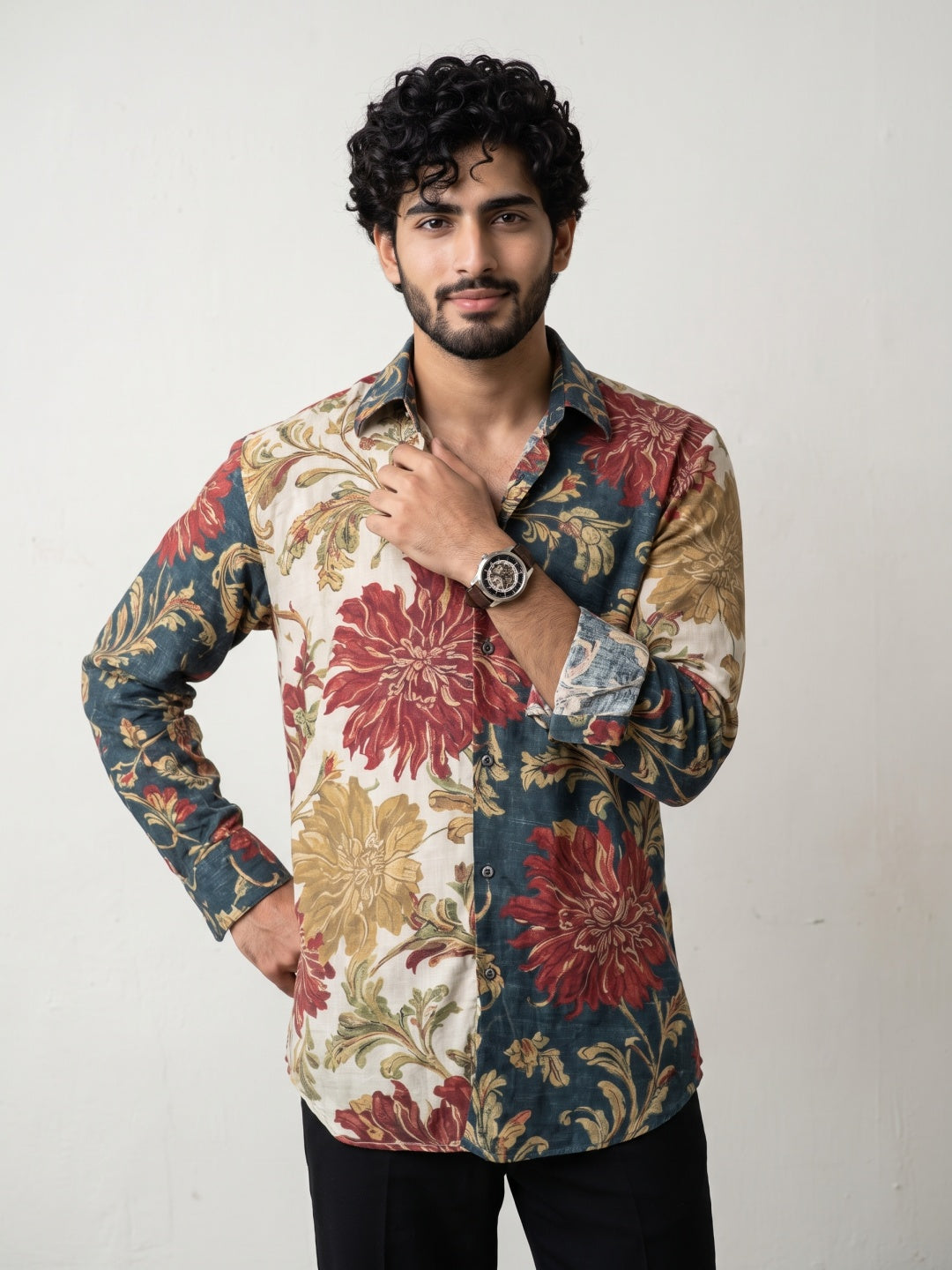 Multicolour Dual-Tone Floral Printed Tencel Slim Fit Shirt