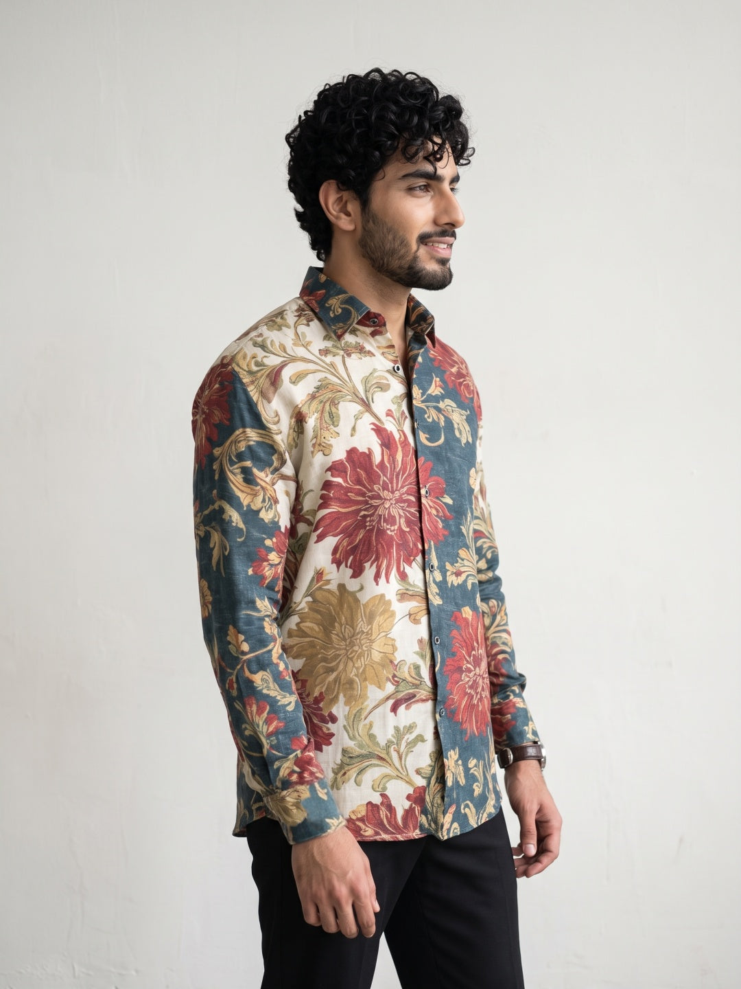 Multicolour Dual-Tone Floral Printed Tencel Slim Fit Shirt