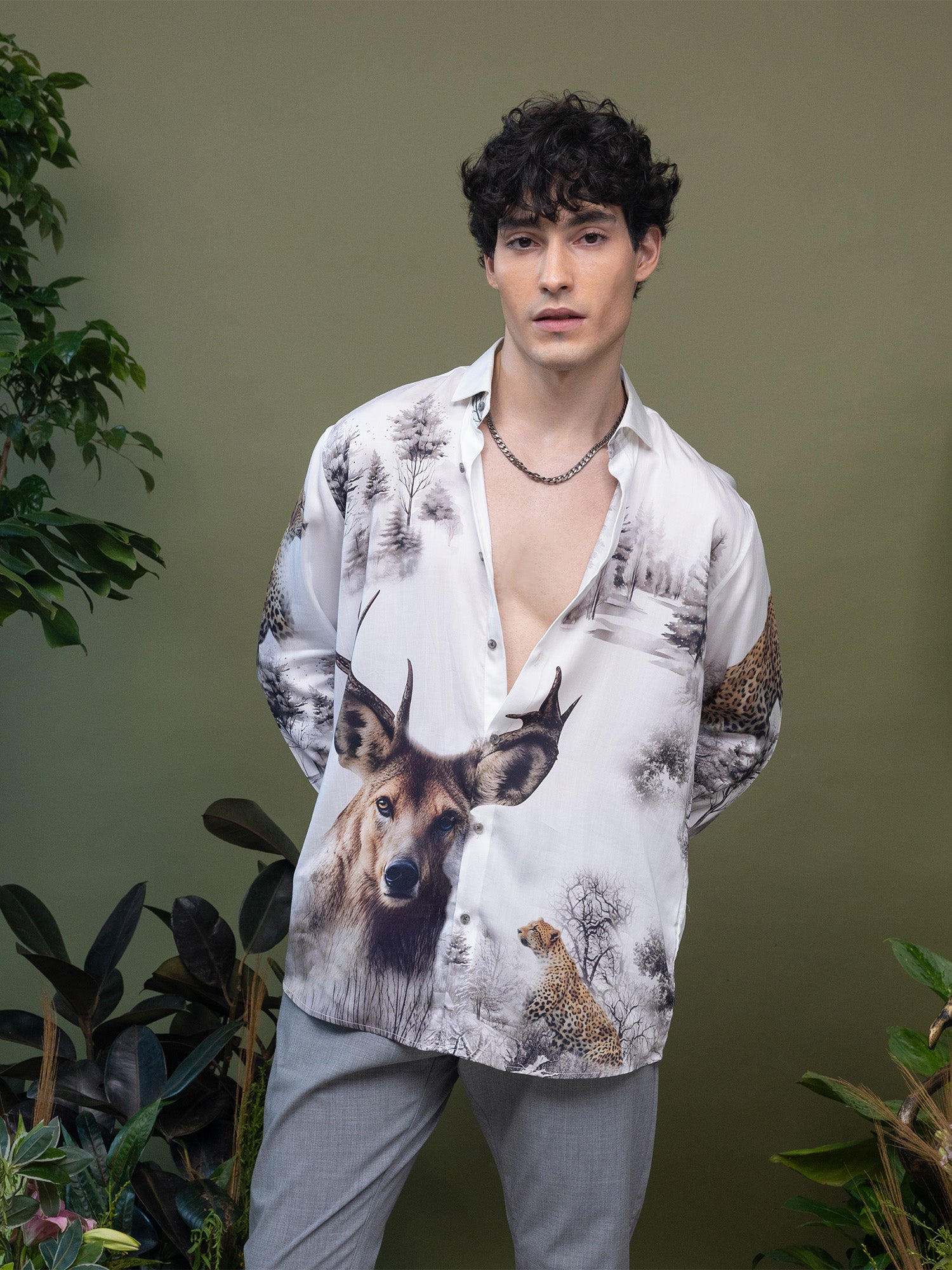 White Deer and Leopard Forest Print Full Sleeve Shirt