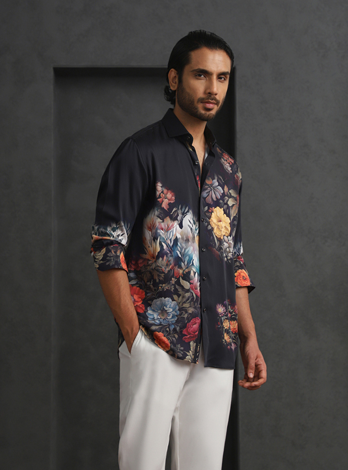 Multi Black Slim Fit Tencel Shirt with Artistic Print Design