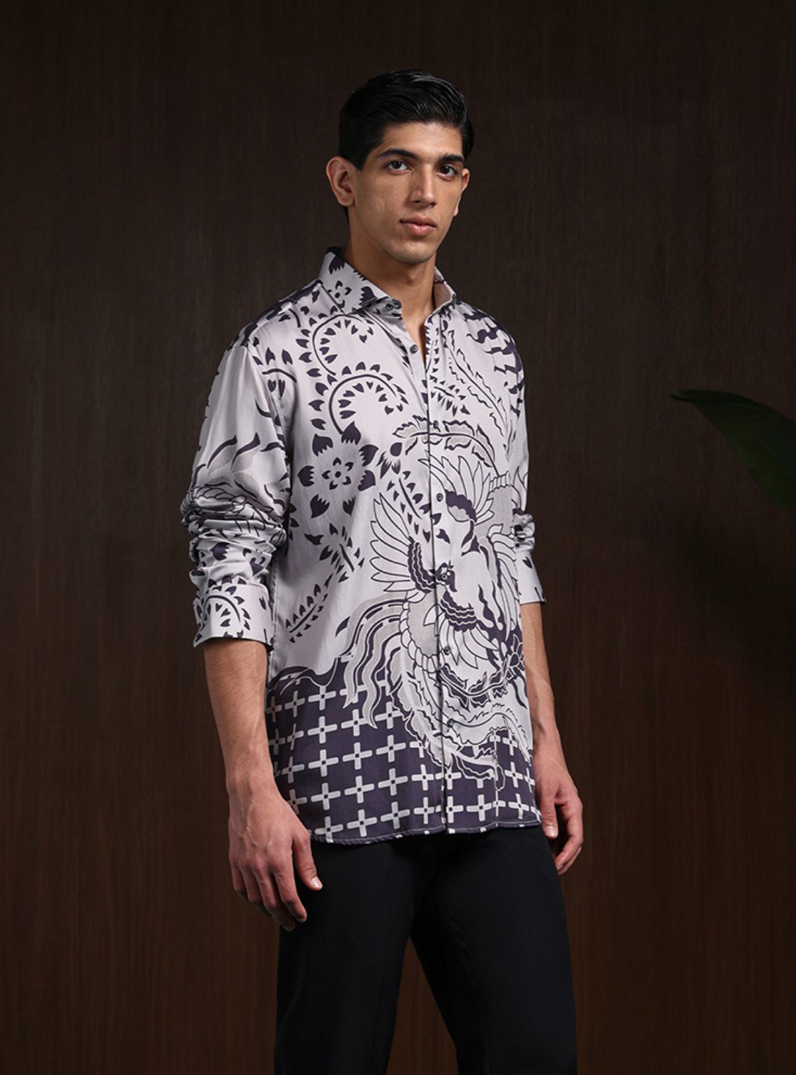 Grey Black Slim Fit Tencel Shirt with Striking Print