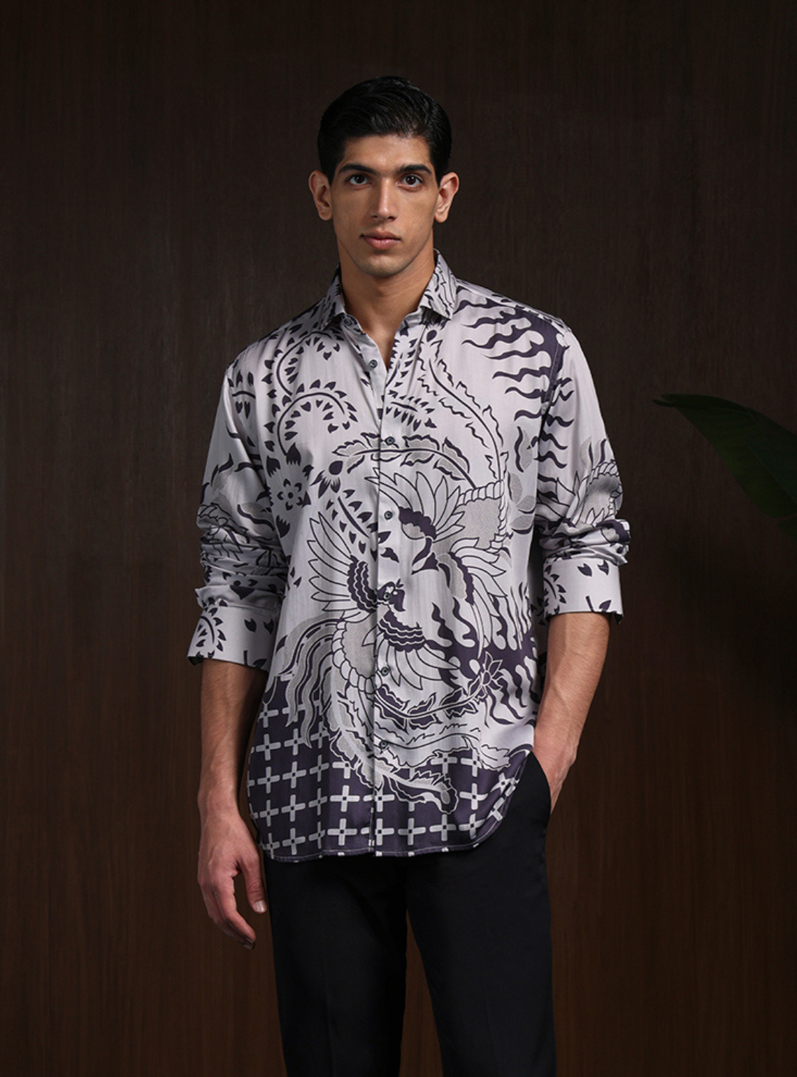 Grey Black Slim Fit Tencel Shirt with Striking Print