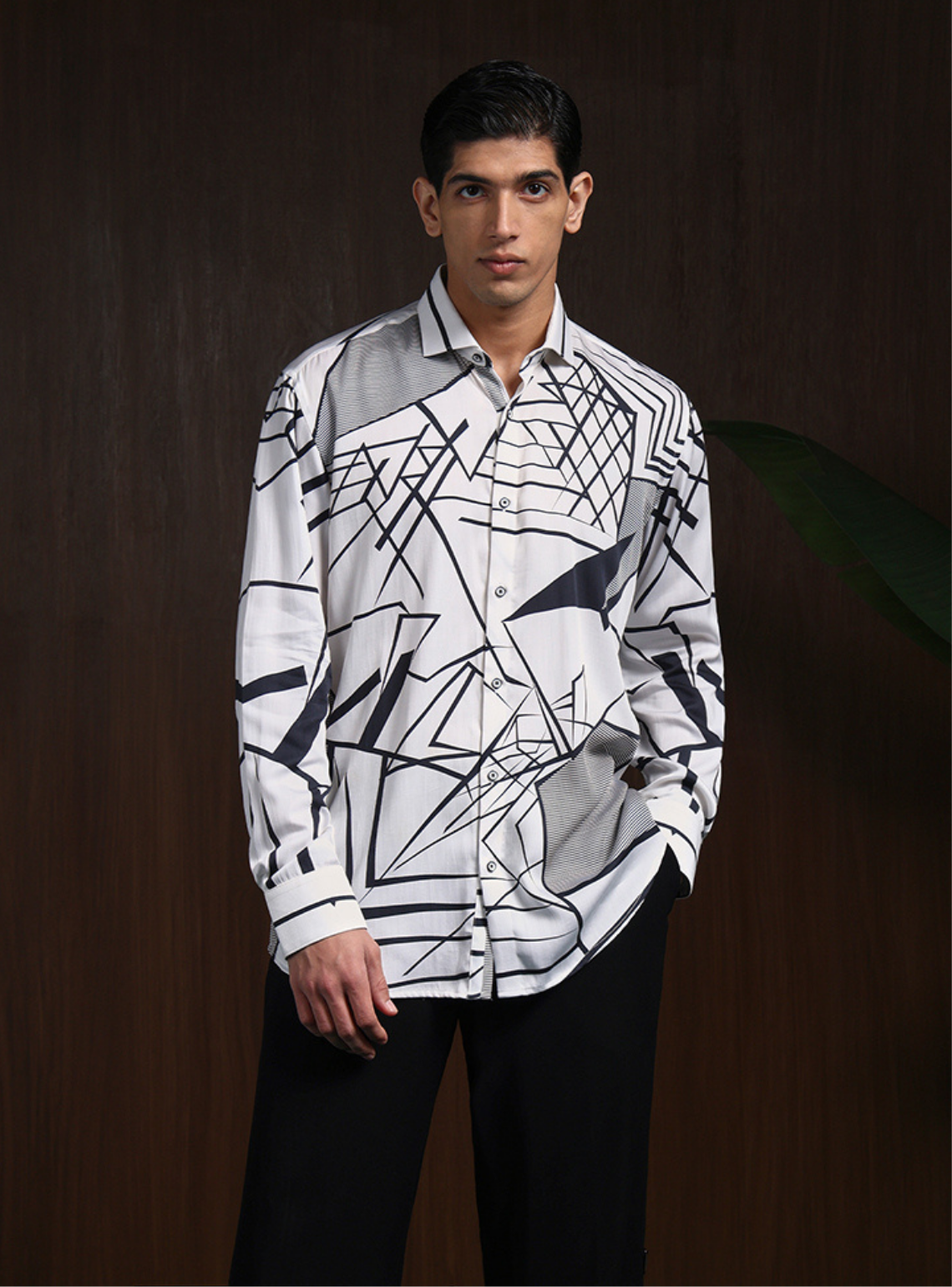 White & Black Slim Fit Tencel Shirt with Striking Print Design