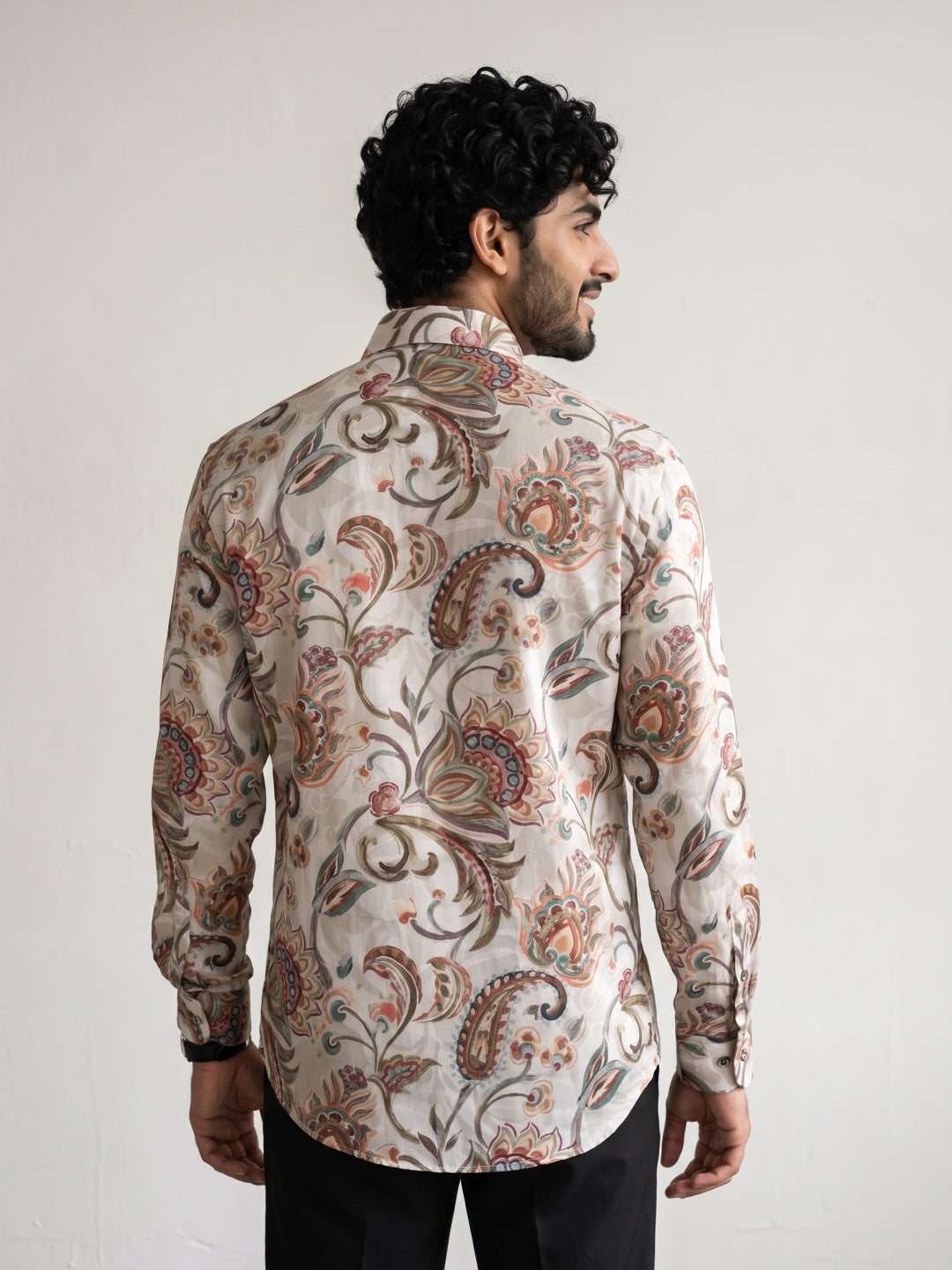Beige Ornate Floral Paisley Printed Tencel Slim Fit Shirt
