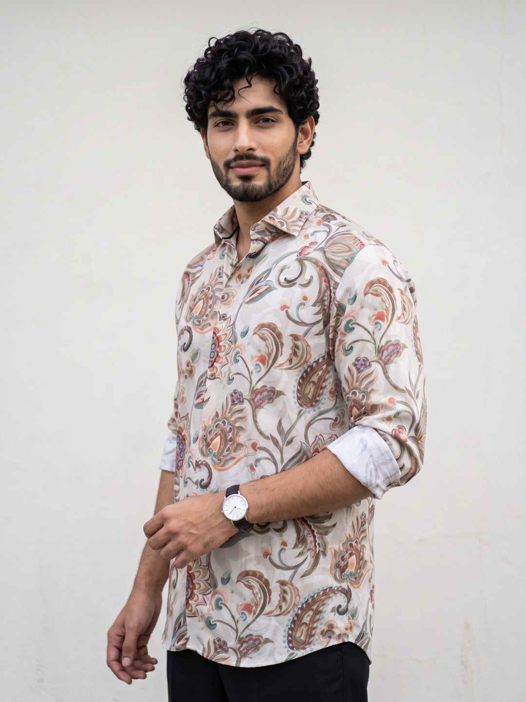 Beige Ornate Floral Paisley Printed Tencel Slim Fit Shirt