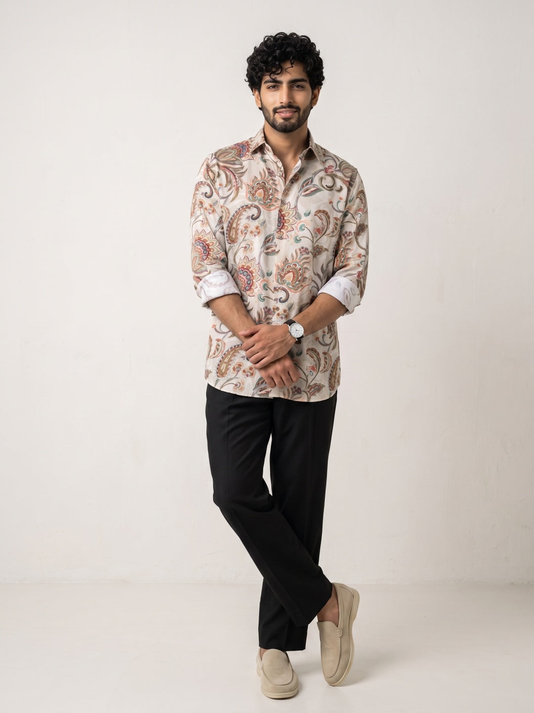 Beige Ornate Floral Paisley Printed Tencel Slim Fit Shirt