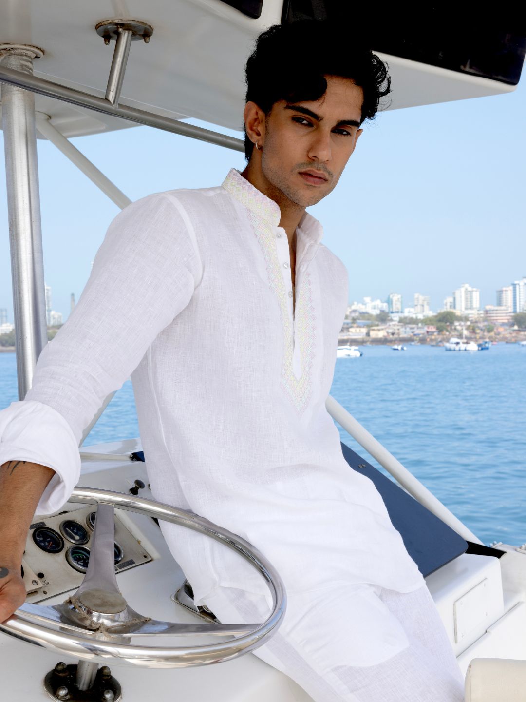 White Embroidered Linen Short Kurta for Men