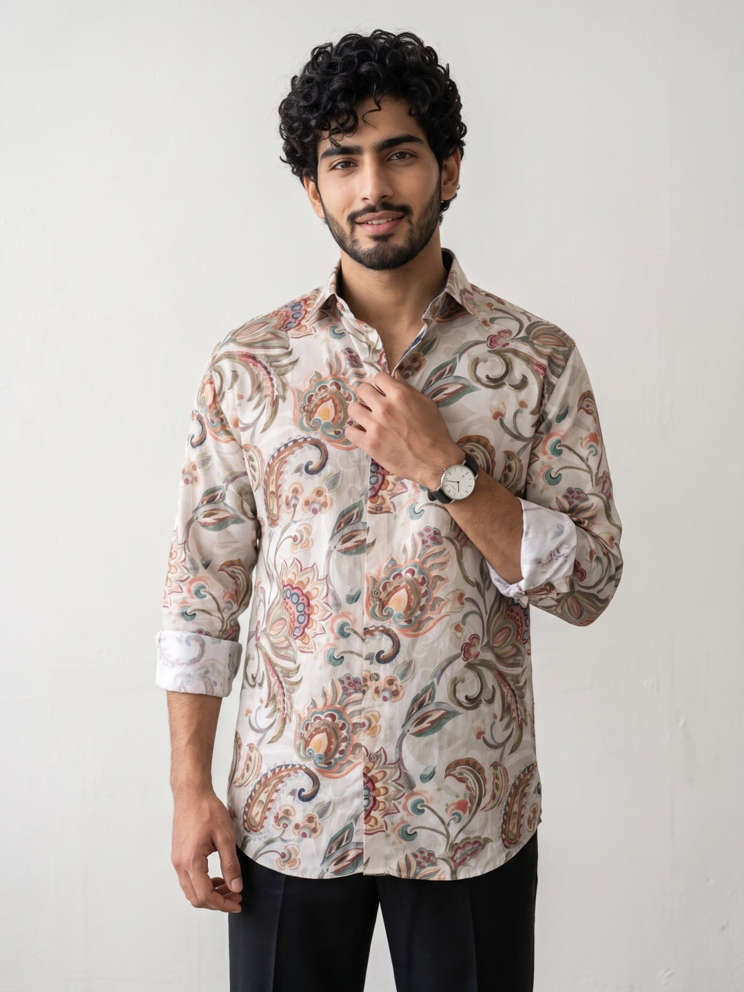 Beige Ornate Floral Paisley Printed Tencel Slim Fit Shirt
