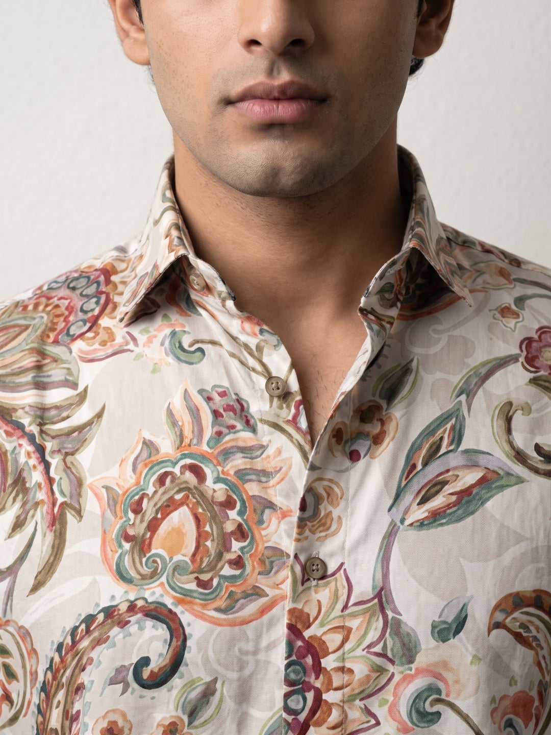 Beige Ornate Floral Paisley Printed Tencel Slim Fit Shirt