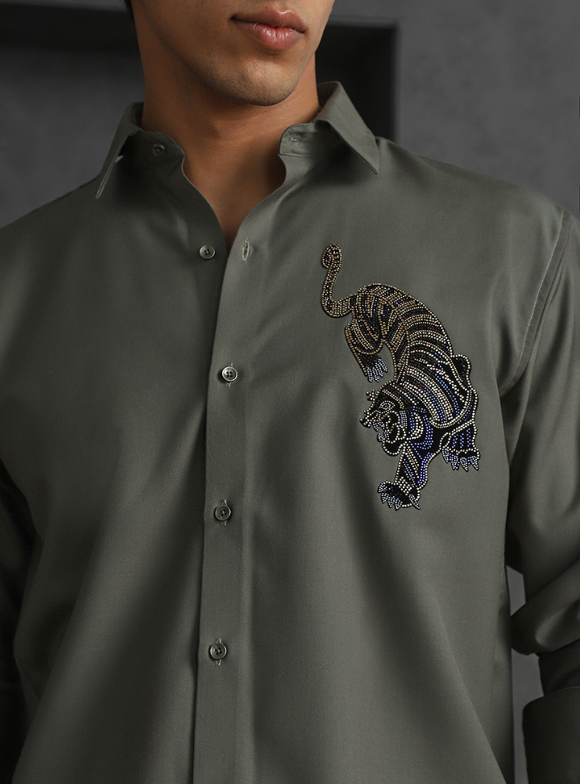Olive Slim Fit Terry Rayon Shirt with Sophisticated Embroidery
