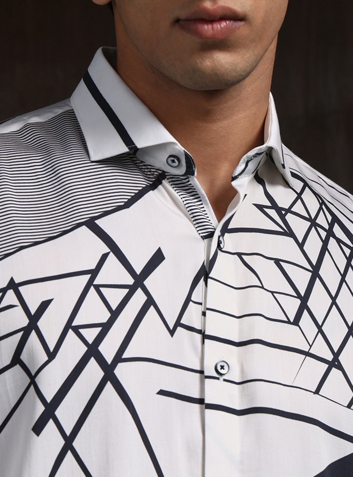 White & Black Slim Fit Tencel Shirt with Striking Print Design