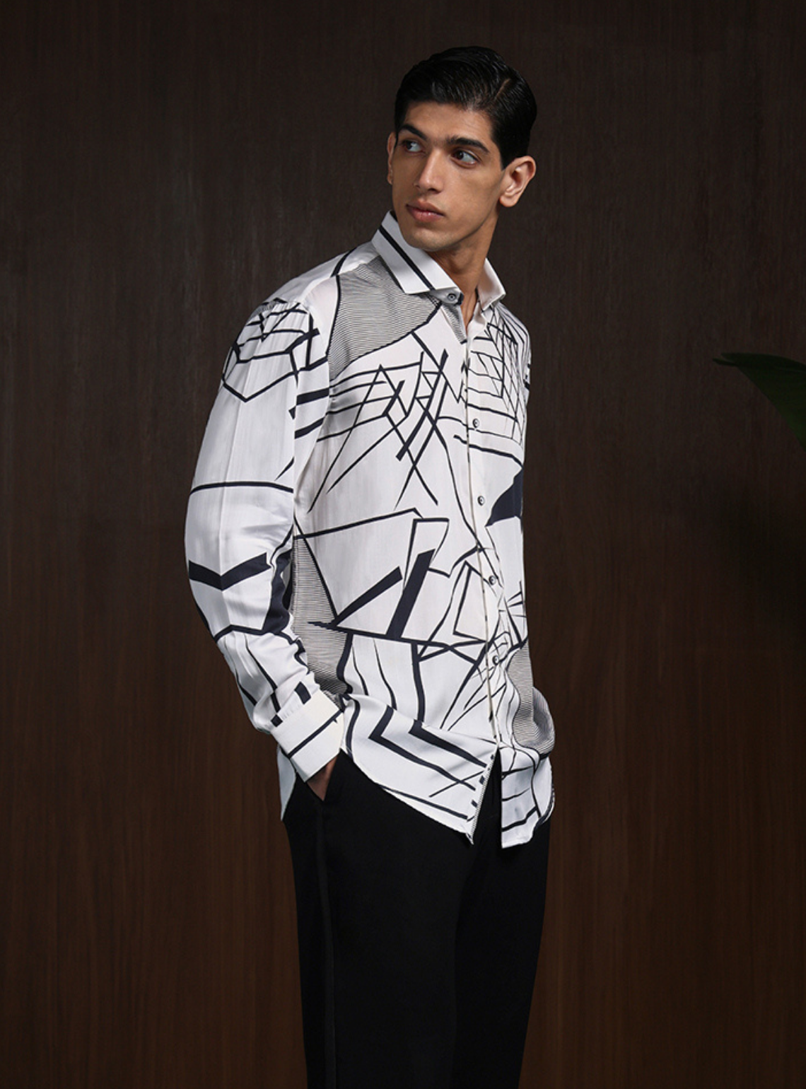 White & Black Slim Fit Tencel Shirt with Striking Print Design