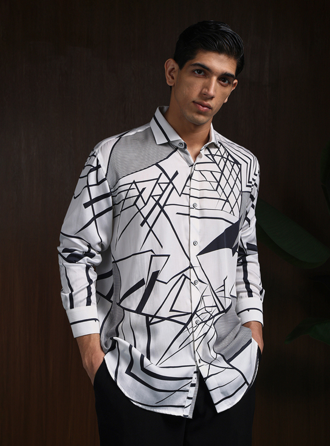 White & Black Slim Fit Tencel Shirt with Striking Print Design