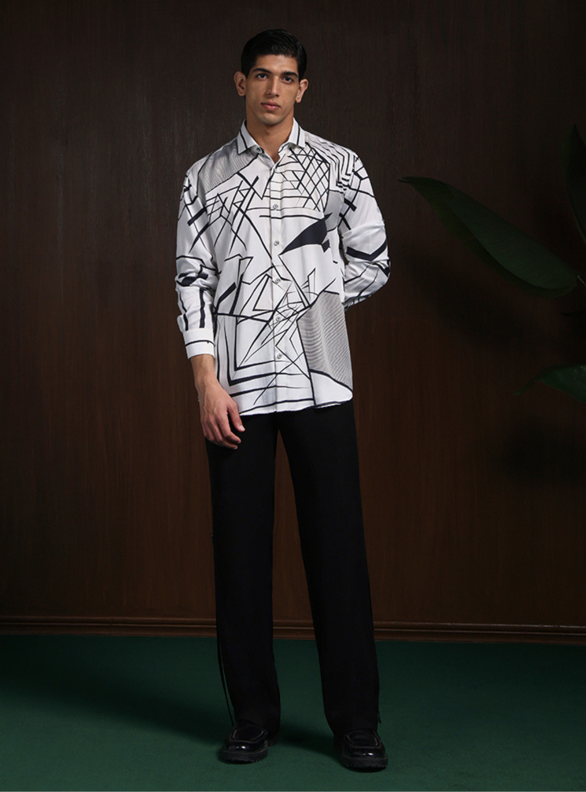 White & Black Slim Fit Tencel Shirt with Striking Print Design