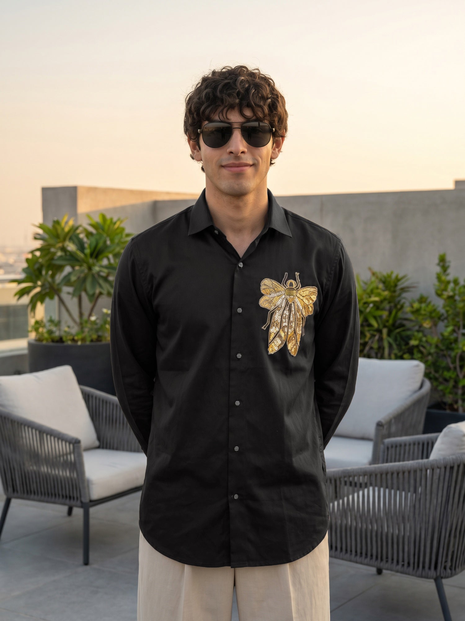 Black Butterfly Designer Cotton Slim Fit Shirt For Men