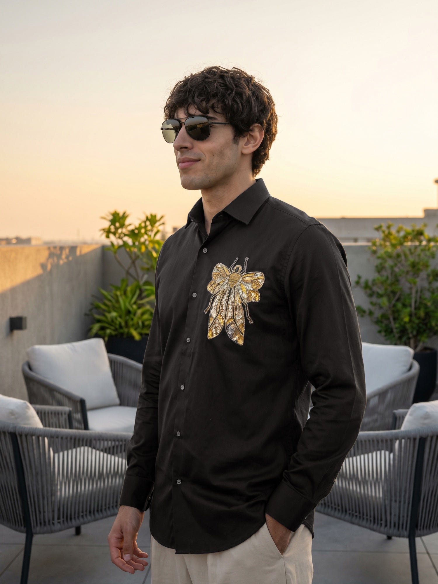 Black Butterfly Designer Cotton Slim Fit Shirt For Men