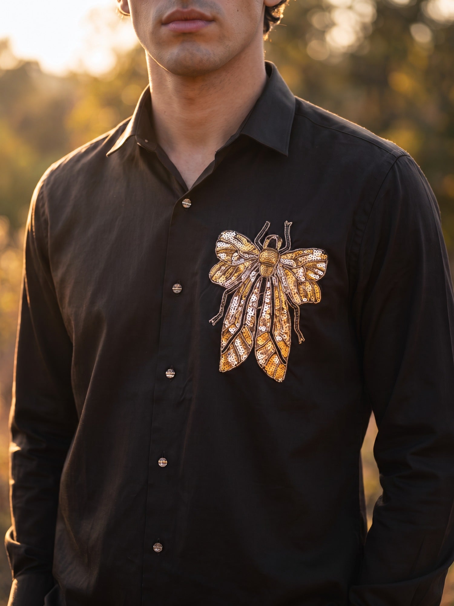Black Butterfly Designer Cotton Slim Fit Shirt For Men