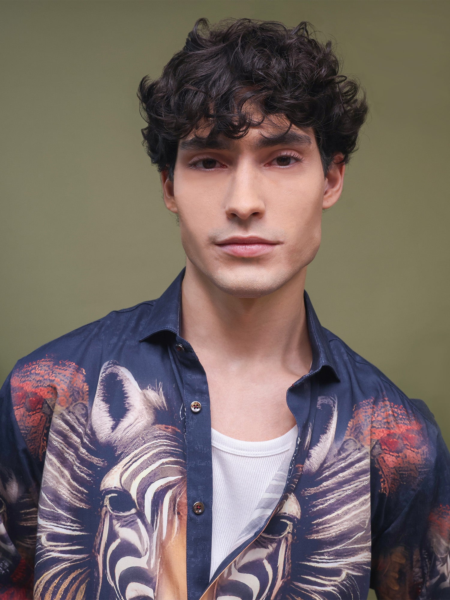 Navy Blue Zebra & Multi-Colour Abstract Print Full Sleeve Shirt