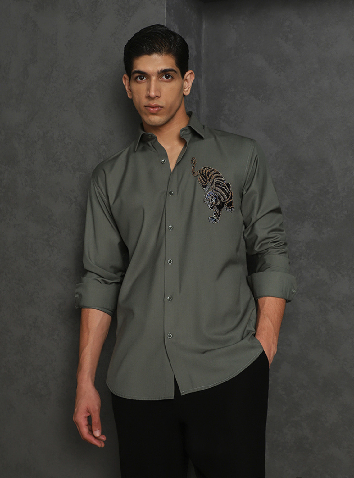 Olive Slim Fit Terry Rayon Shirt with Sophisticated Embroidery