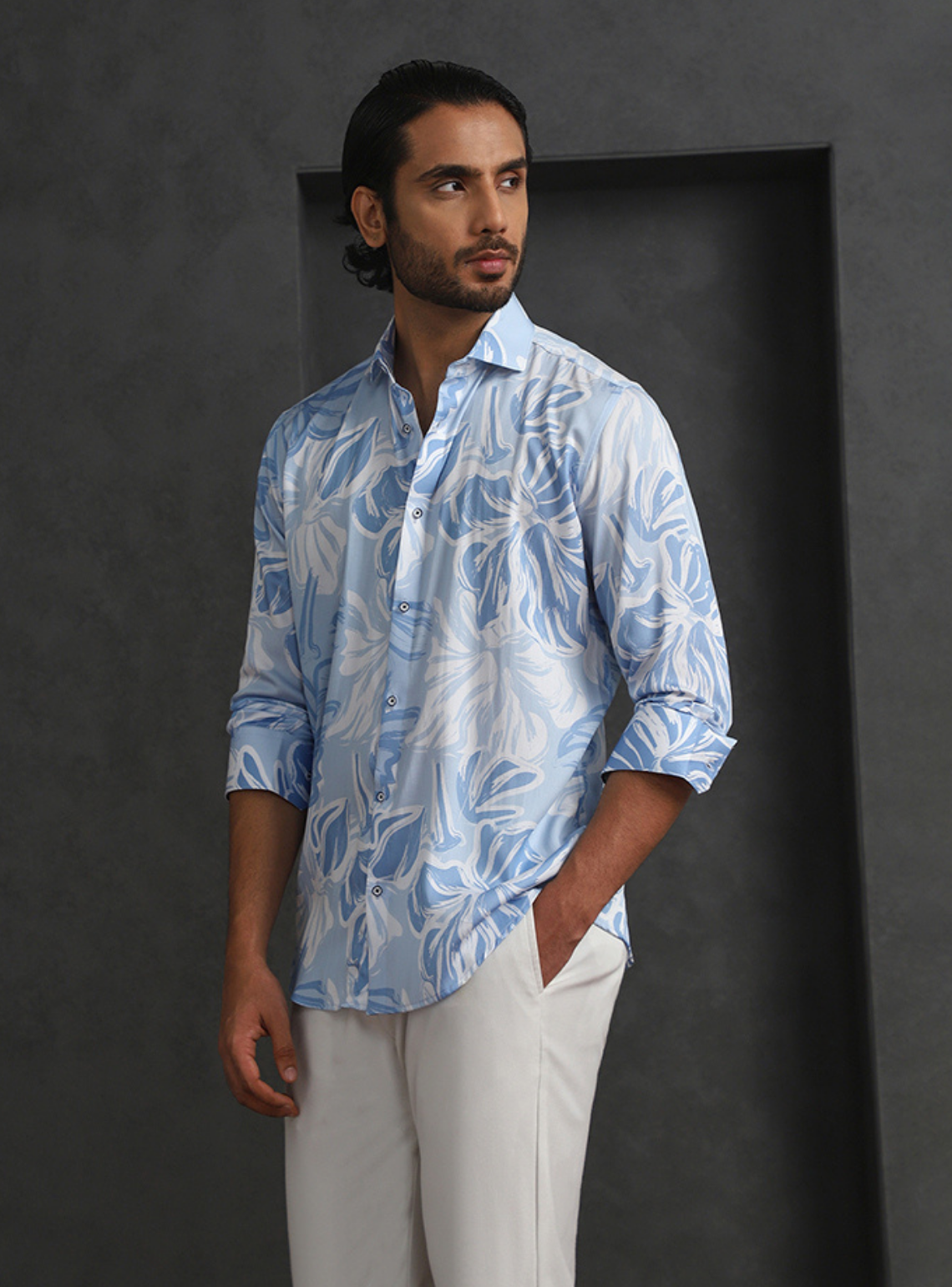 Light Blue Slim Fit Tencel Shirt with Elegant Print