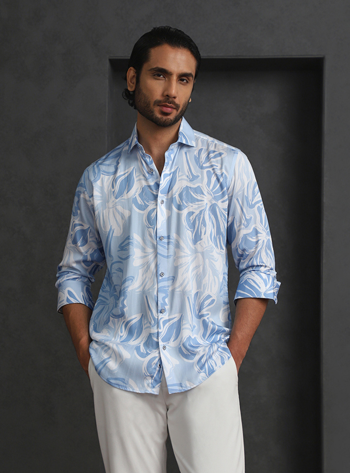 Light Blue Slim Fit Tencel Shirt with Elegant Print