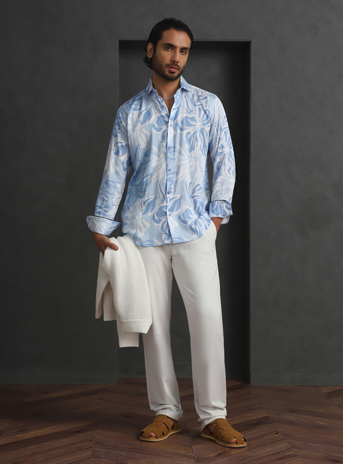 Light Blue Slim Fit Tencel Shirt with Elegant Print