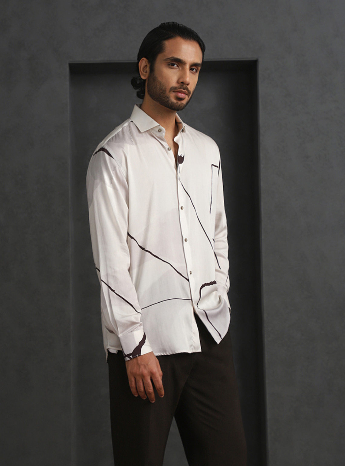 Cream Slim Fit Tencel Shirt with Subtle Print Accents