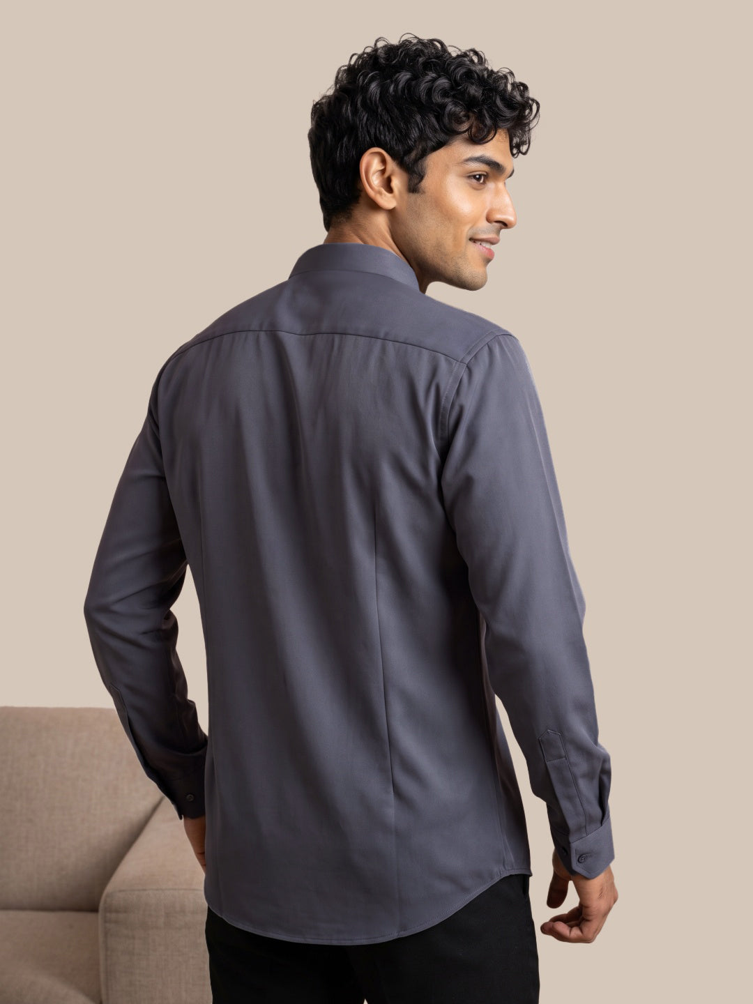 Dark Grey Japanese-Boomariyo Slim Fit Shirt with Chinese Collar, Plain/Embroidery