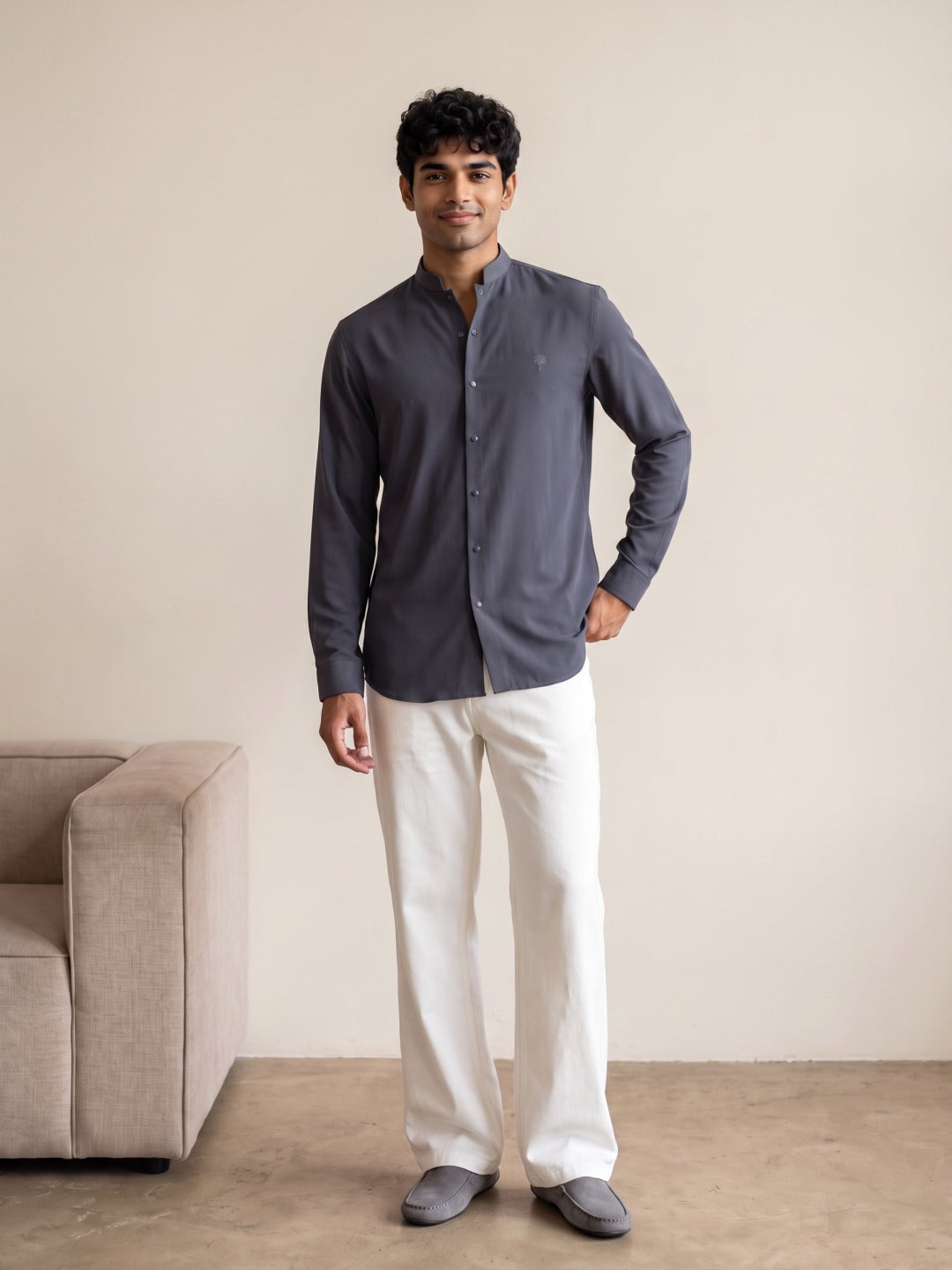 Dark Grey Japanese-Boomariyo Slim Fit Shirt with Chinese Collar, Plain/Embroidery