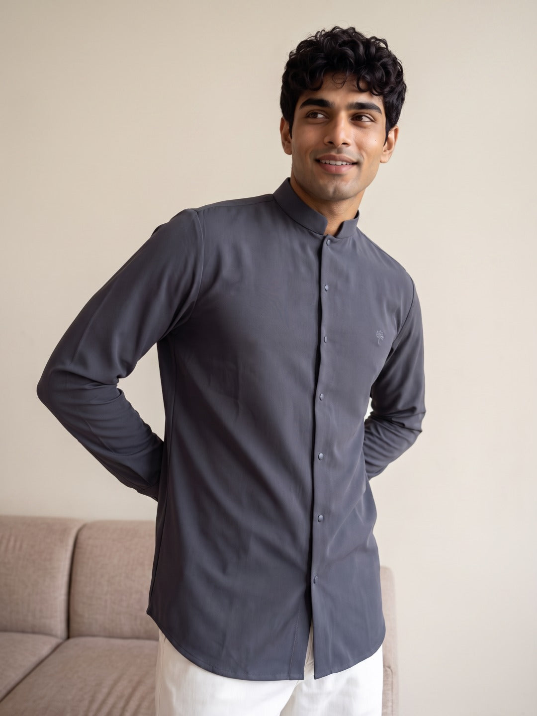 Dark Grey Japanese-Boomariyo Slim Fit Shirt with Chinese Collar, Plain/Embroidery