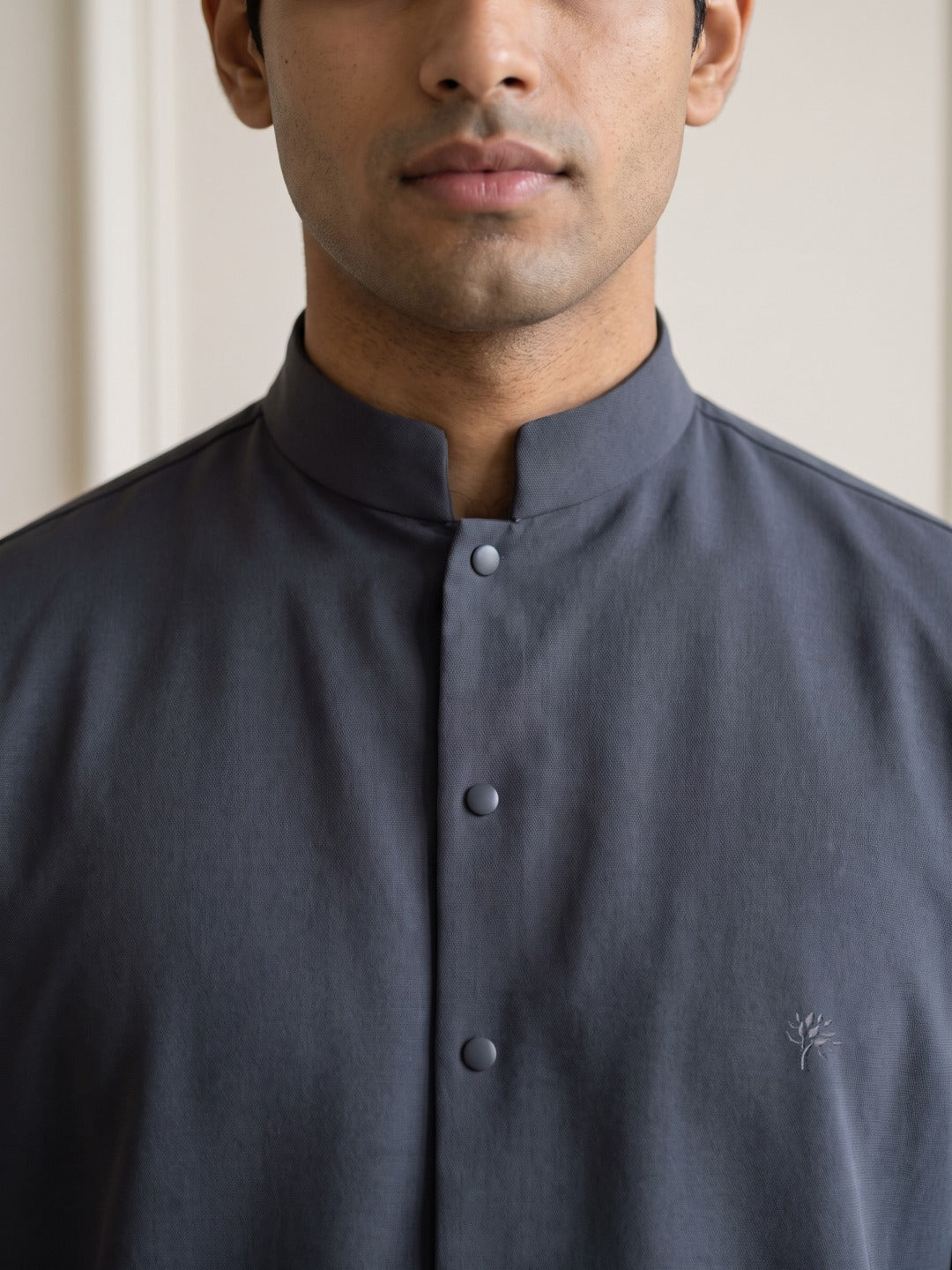 Dark Grey Japanese-Boomariyo Slim Fit Shirt with Chinese Collar, Plain/Embroidery