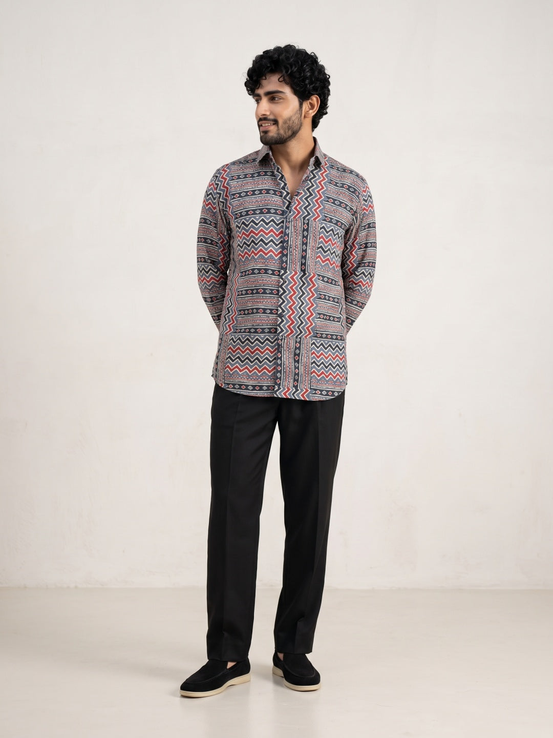 Multicolour Tencel Slim Fit Shirt with Tribal Zigzag Print