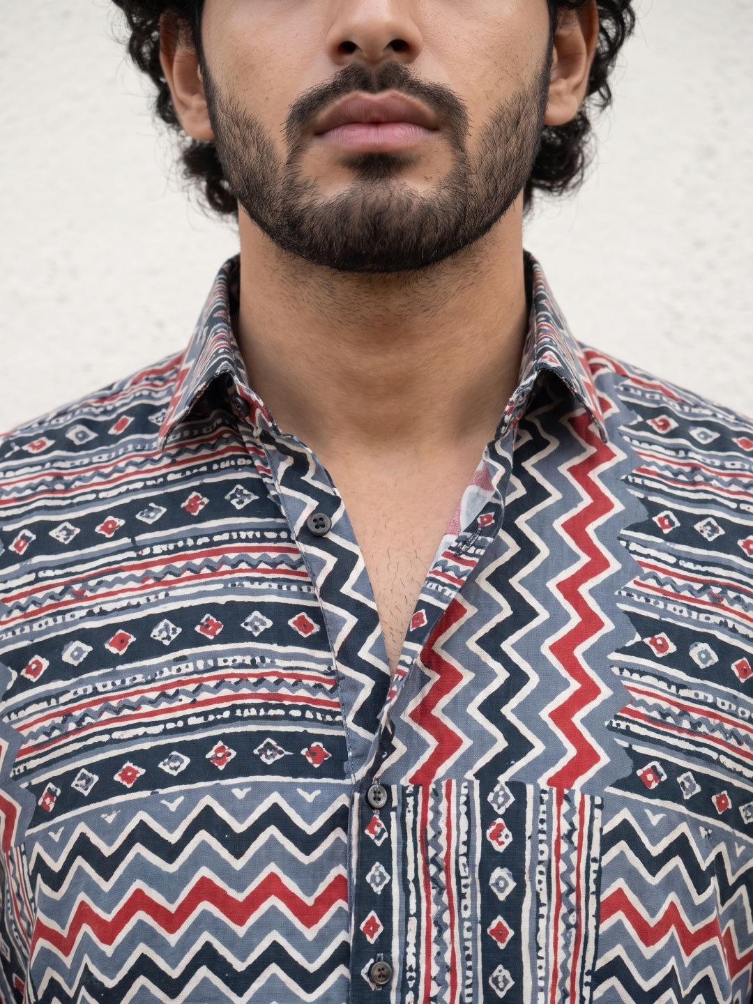 Multicolour Tencel Slim Fit Shirt with Tribal Zigzag Print