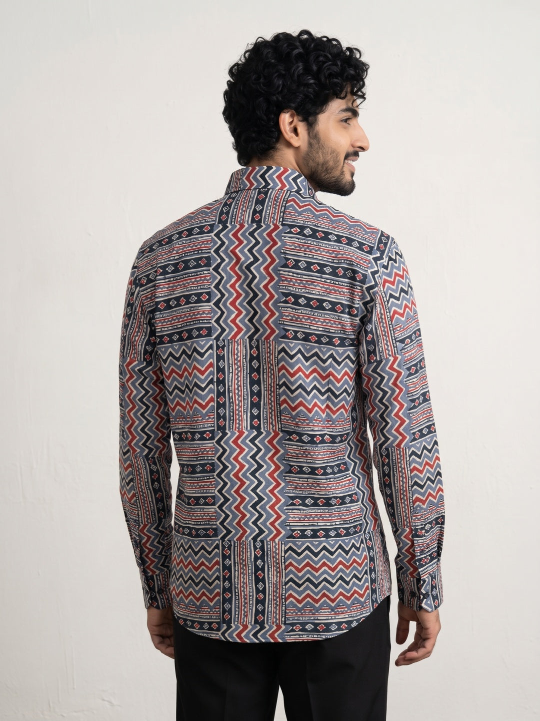 Multicolour Tencel Slim Fit Shirt with Tribal Zigzag Print