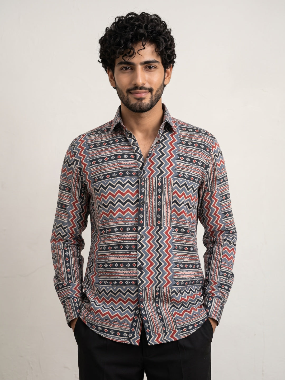 Multicolour Tencel Slim Fit Shirt with Tribal Zigzag Print