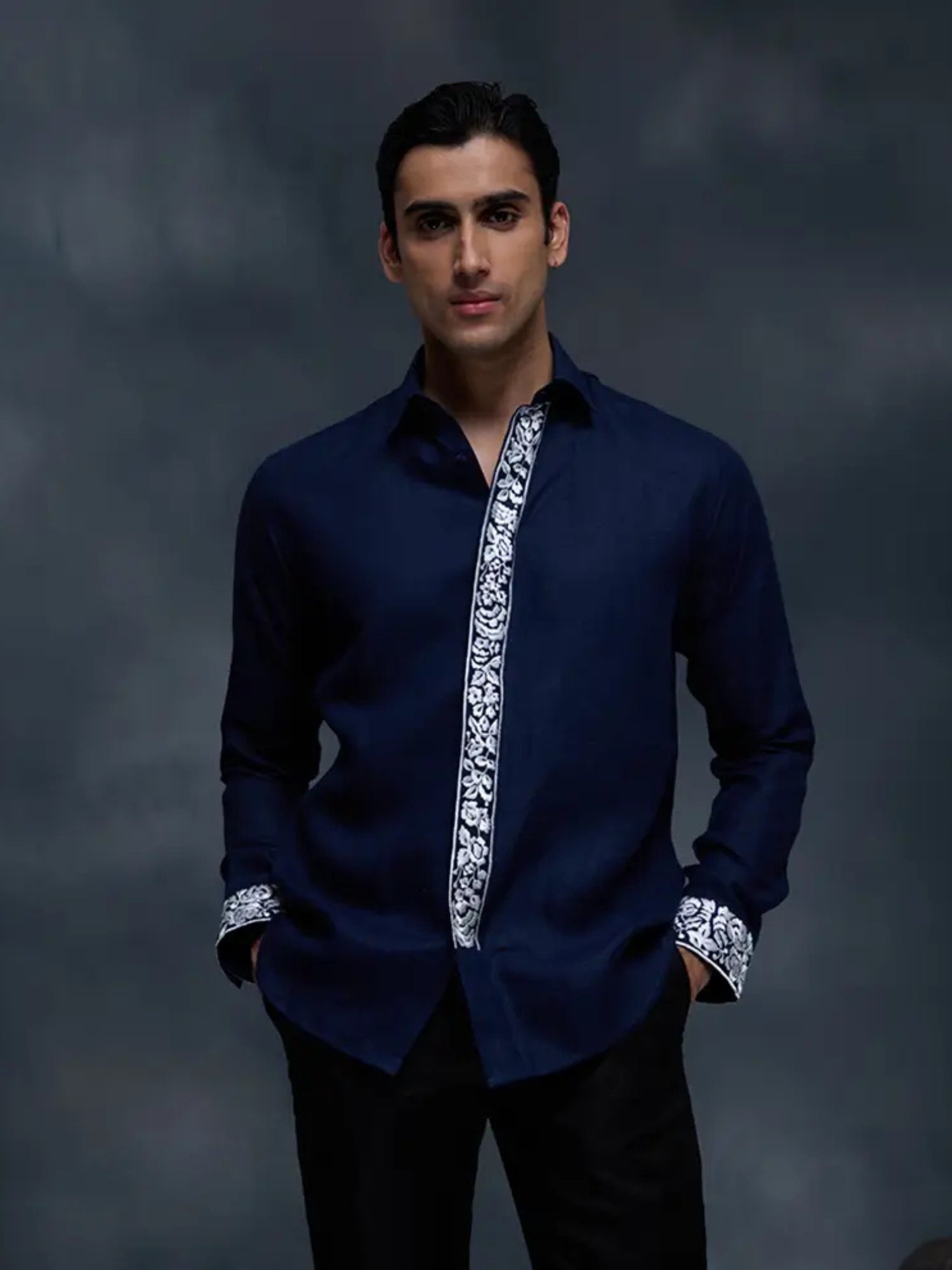 Navy Blue Placard and Sleeve Embroidered Linen Slim Fit Shirt