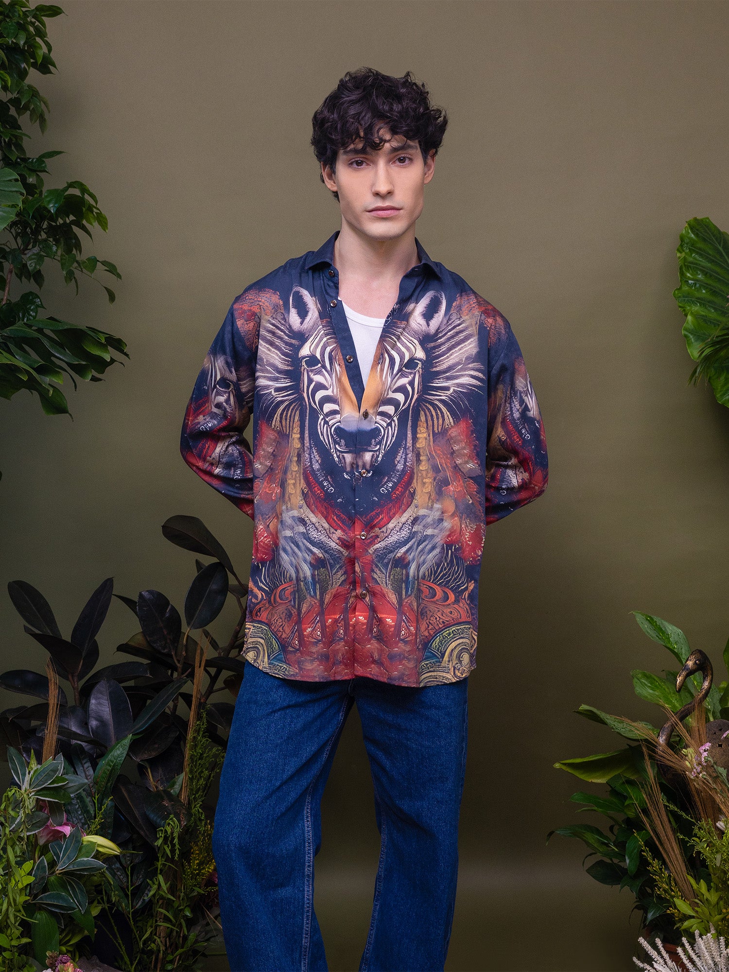 Navy Blue Zebra & Multi-Colour Abstract Print Full Sleeve Shirt