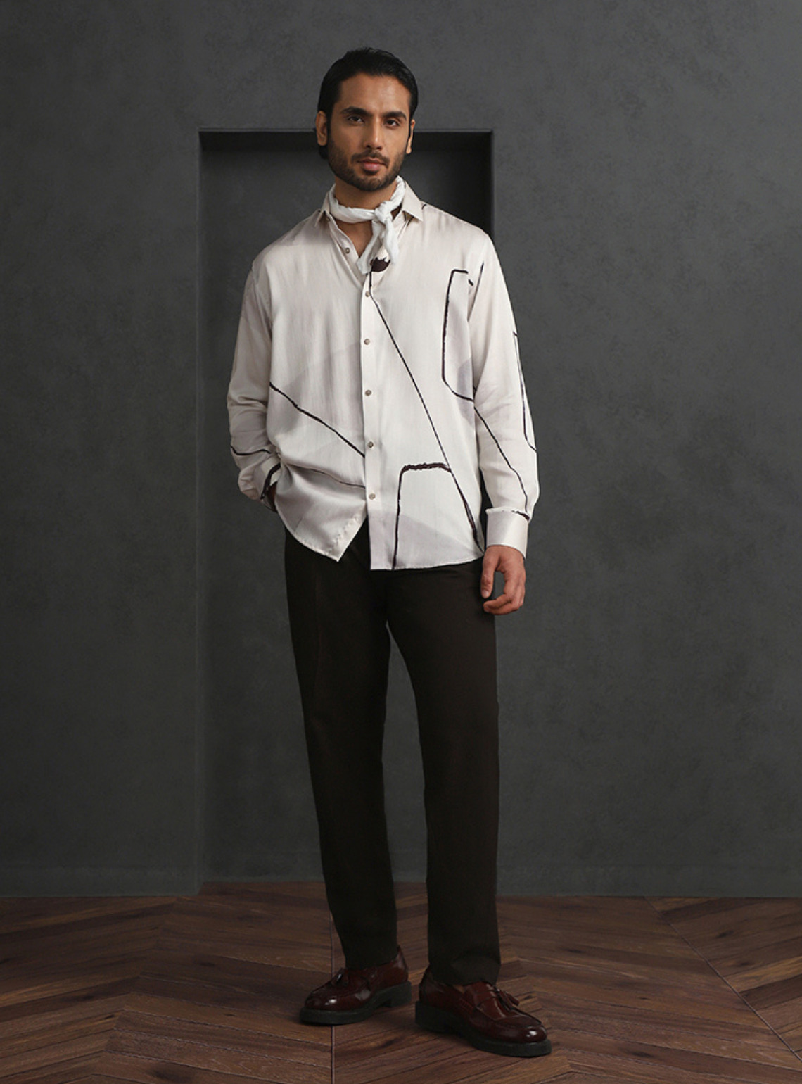 Cream Slim Fit Tencel Shirt with Subtle Print Accents