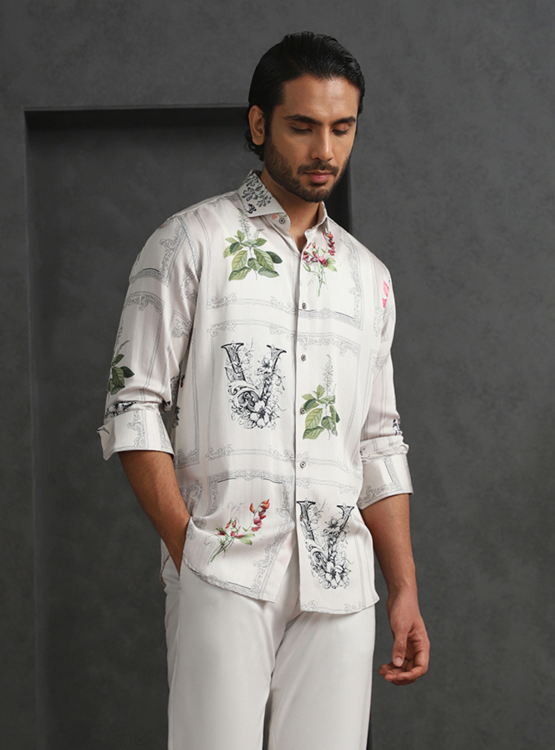 Cream Slim Fit Tencel Shirt with Refined Print Detailing