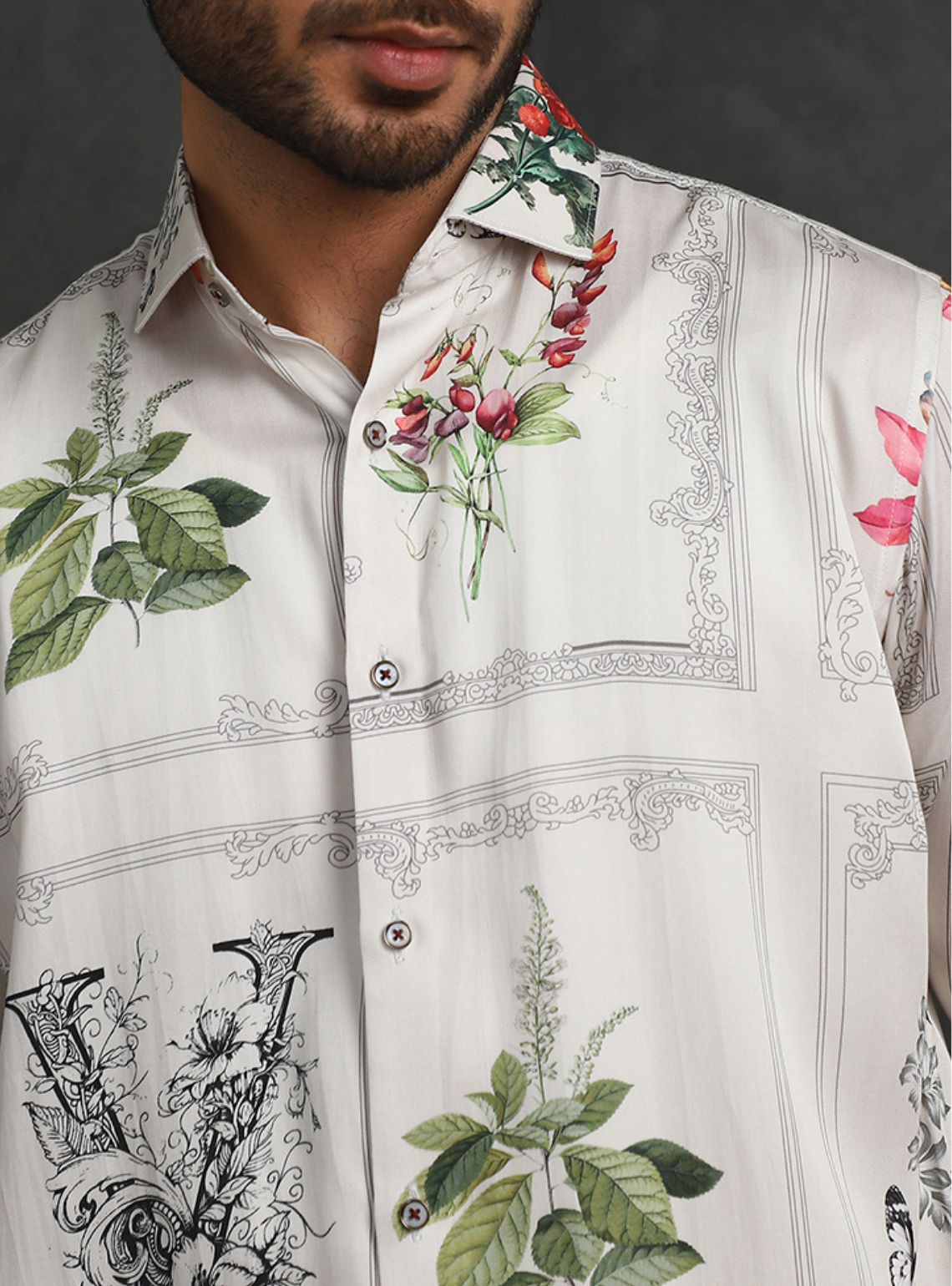 Cream Slim Fit Tencel Shirt with Refined Print Detailing