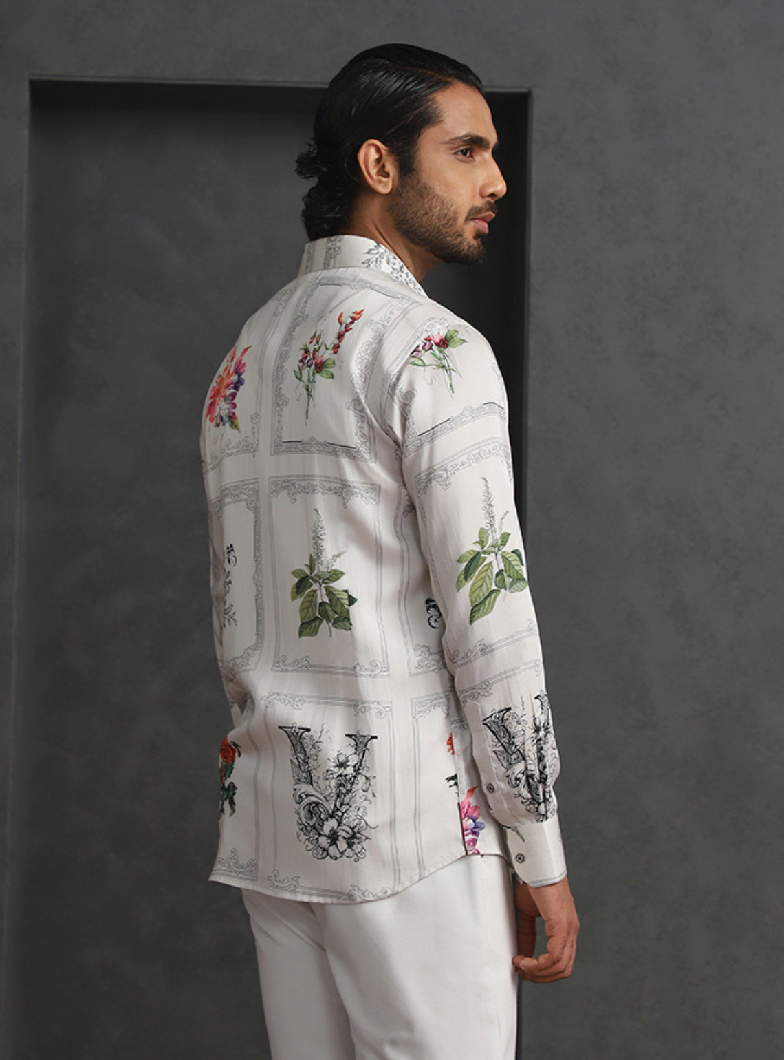 Cream Slim Fit Tencel Shirt with Refined Print Detailing