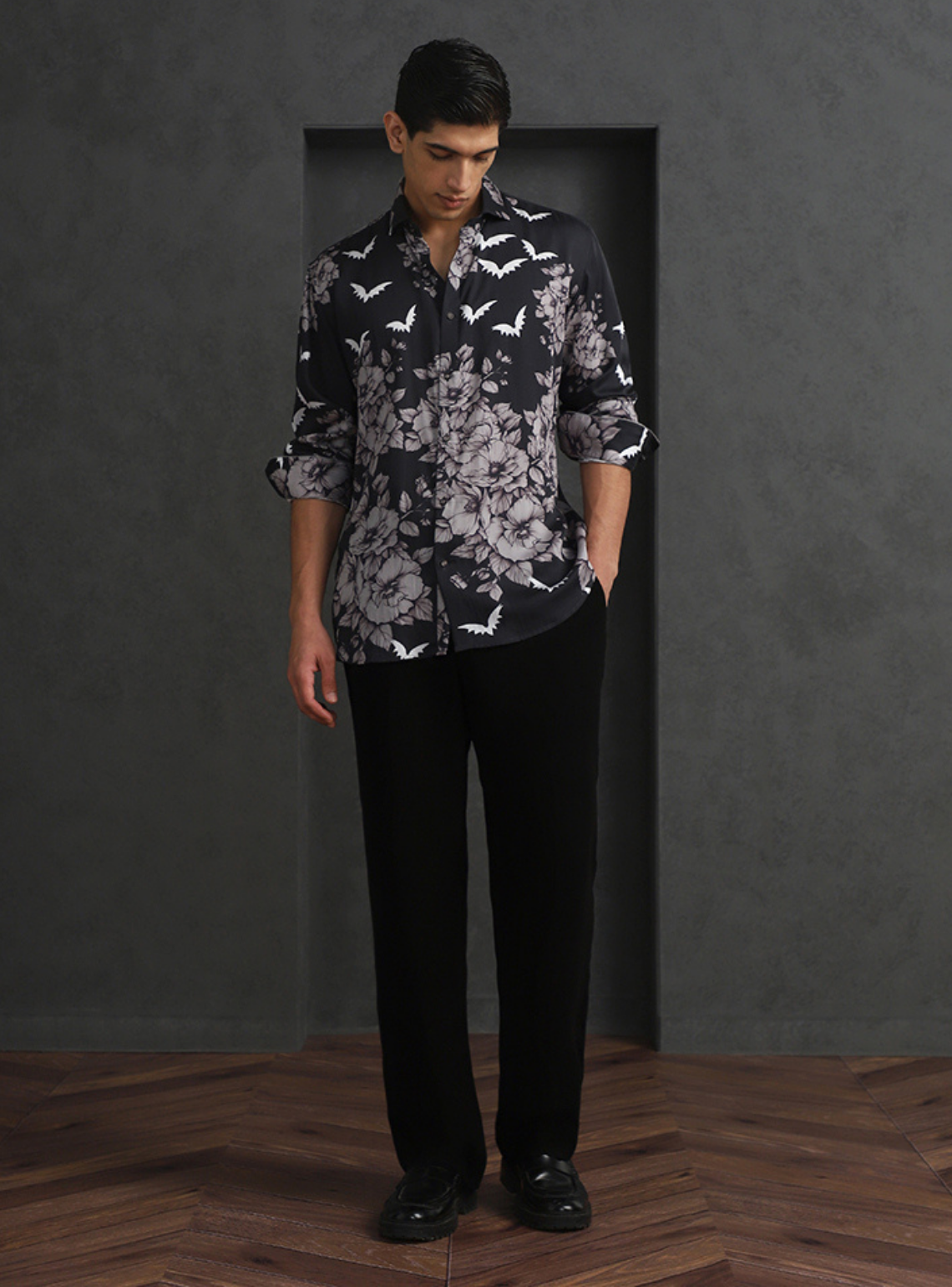 Sleek Black Slim Fit Tencel Shirt with Modern Print