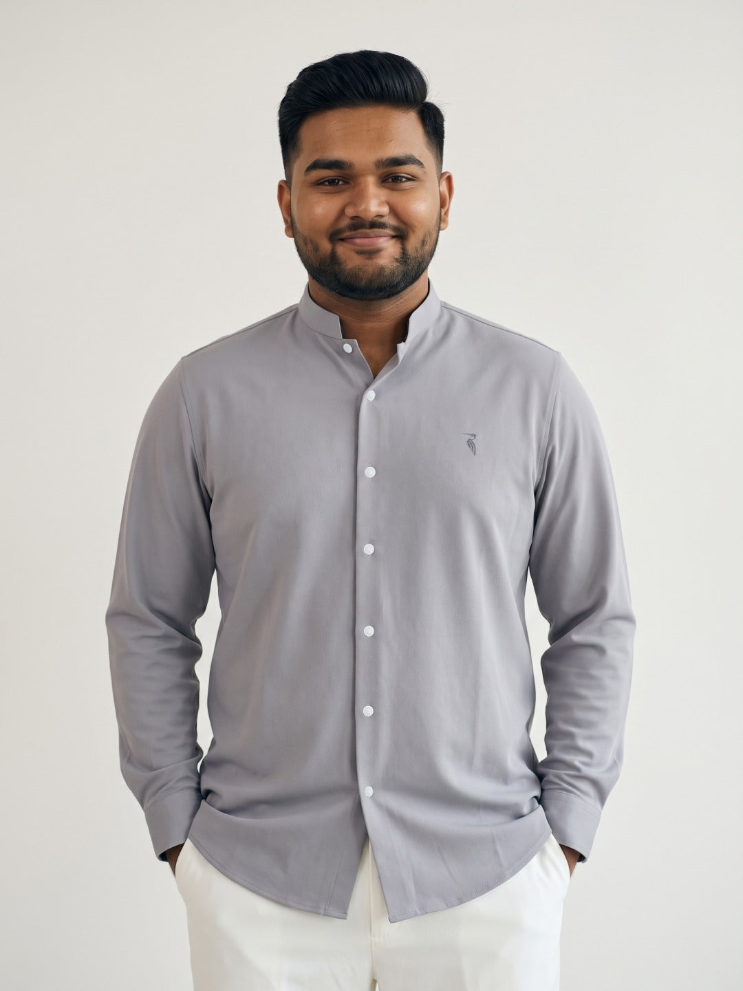 Light Grey Japanese-Boomariyo Slim Fit Shirt with Chinese Collar, Plain/Embroidery