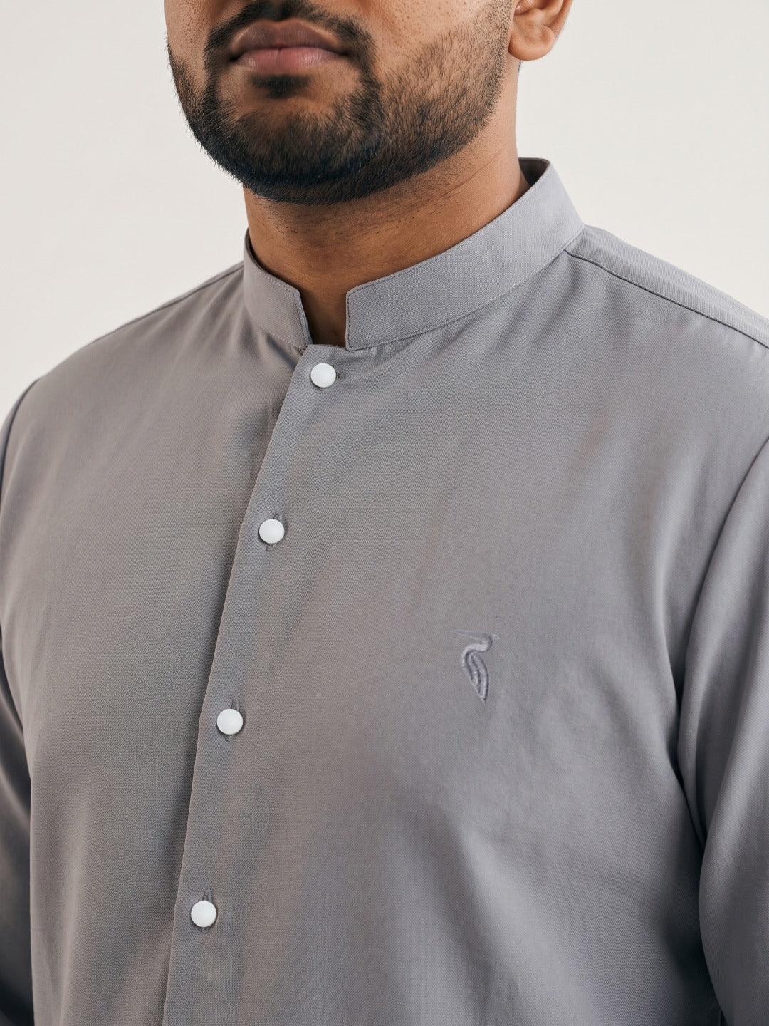 Light Grey Japanese-Boomariyo Slim Fit Shirt with Chinese Collar, Plain/Embroidery