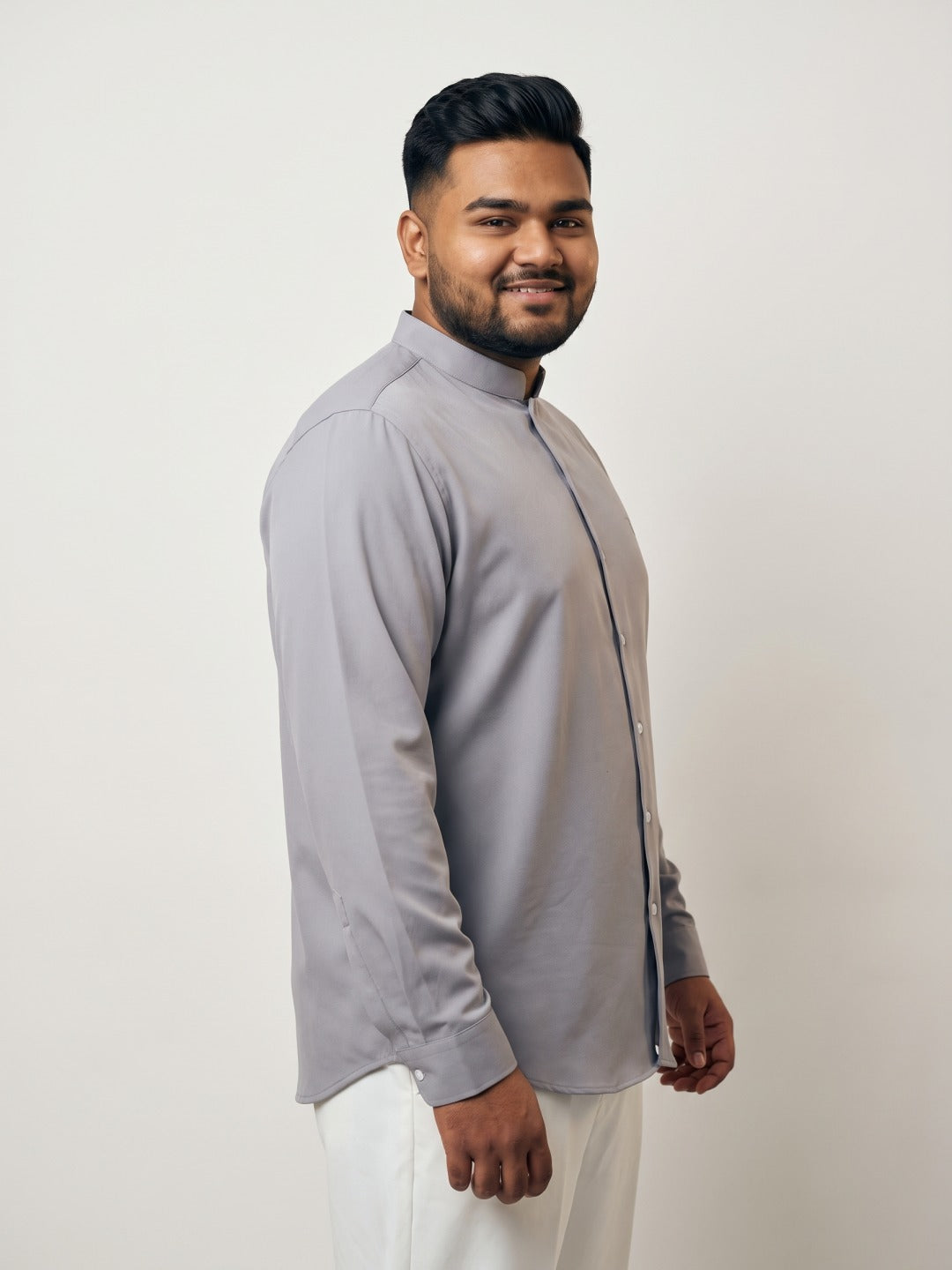 Light Grey Japanese-Boomariyo Slim Fit Shirt with Chinese Collar, Plain/Embroidery
