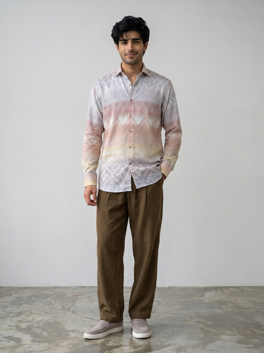 Multicolour Tencel Slim Fit Shirt with Ombre Geometric Print