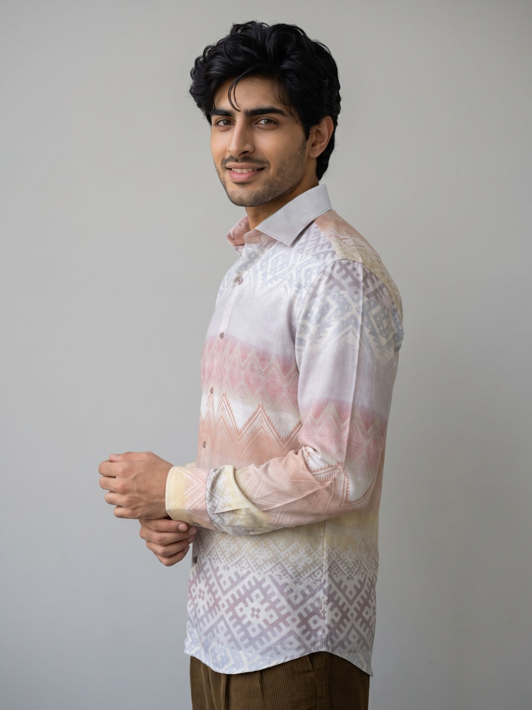 Multicolour Tencel Slim Fit Shirt with Ombre Geometric Print
