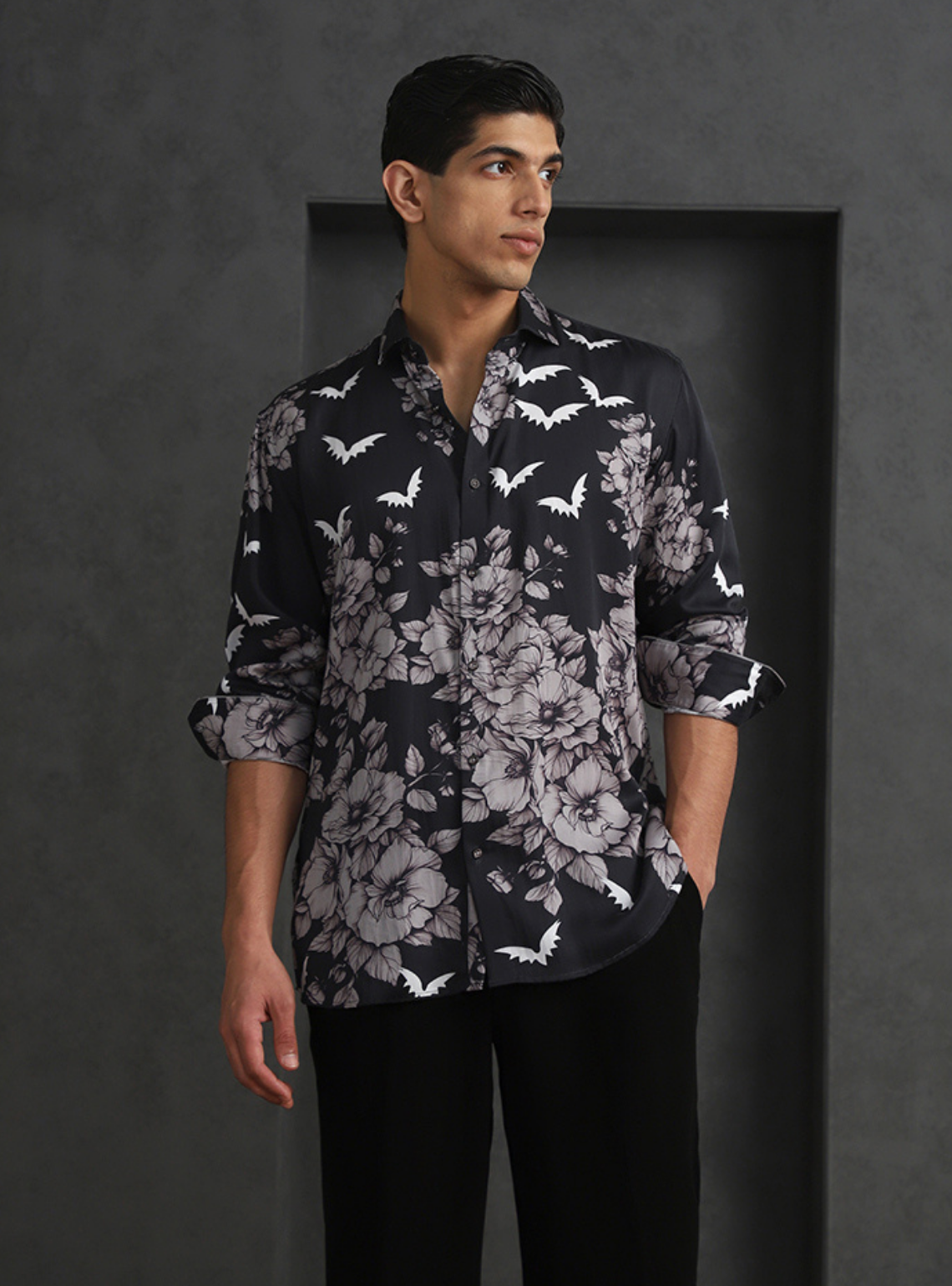 Sleek Black Slim Fit Tencel Shirt with Modern Print