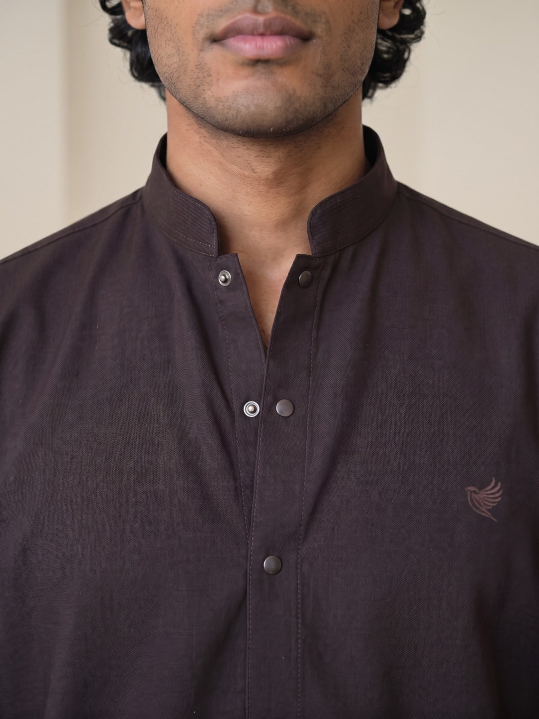 Coffee Japanese-Boomariyo Slim Fit Shirt with Chinese Collar, Plain/Embroidery