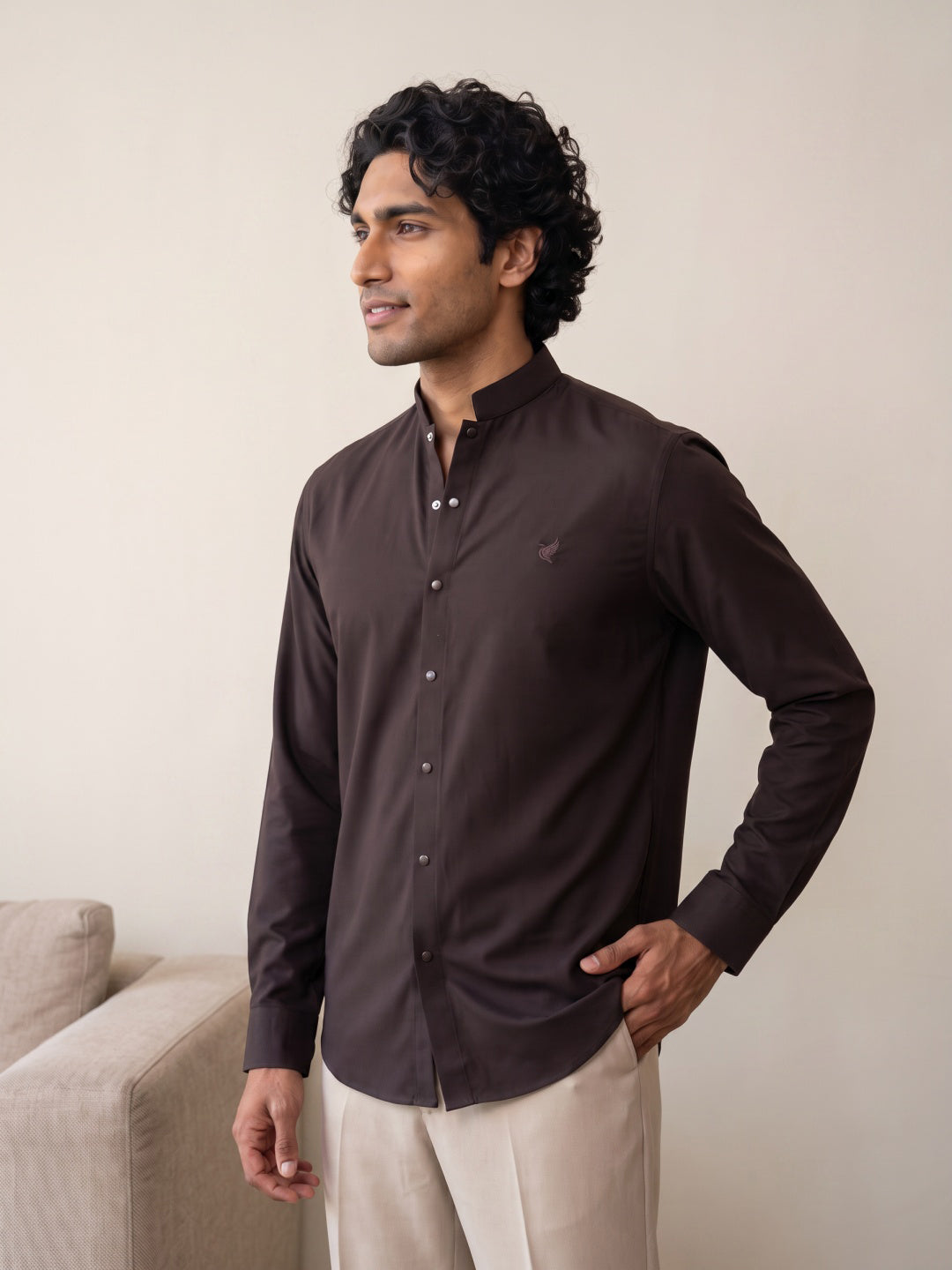 Coffee Japanese-Boomariyo Slim Fit Shirt with Chinese Collar, Plain/Embroidery
